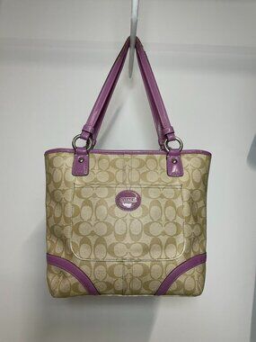 Vintage Coach Signature Monogram Tote Bag Tan Beige Canvas Purple Leather Trim